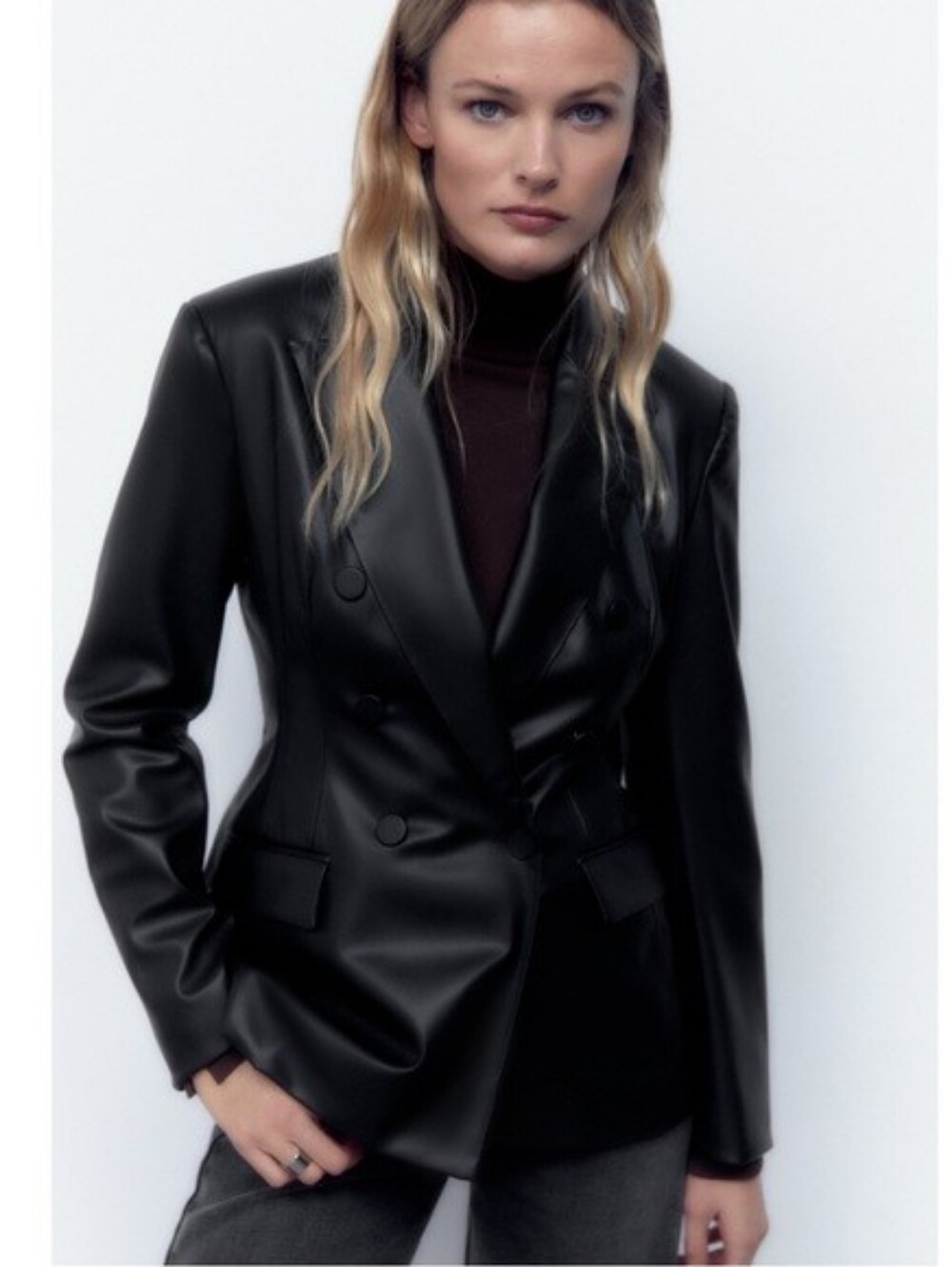 Zara Faux Leather Double-Breasted Blazer Jacket - Black